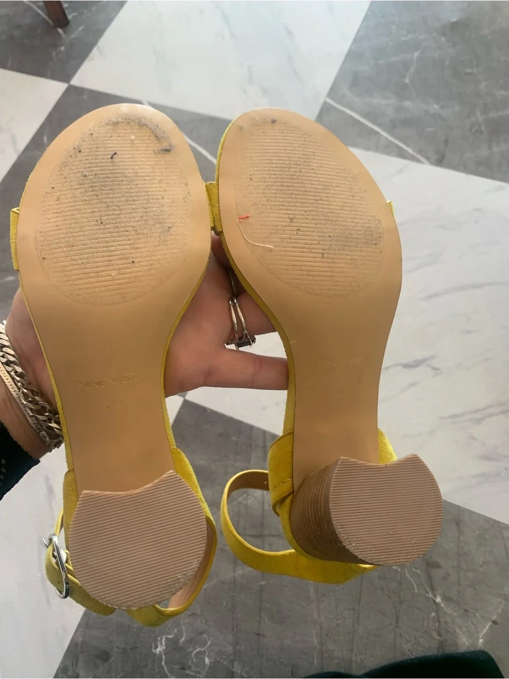 Nine West Yellow Suede Ankle-Strap Block Heel Sandals
